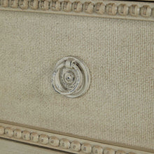 Load image into Gallery viewer, French-style 18th century inspired chest with beaded burlap drawer fronts and carved legs, with an antiqued white finish
