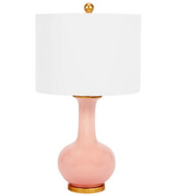 Load image into Gallery viewer, The Nela Blush Table Lamp boasts a modern and polished look on a timeless silhouette. The elegant gold base perfectly complements the glossy ceramic in a soft blush hue.
