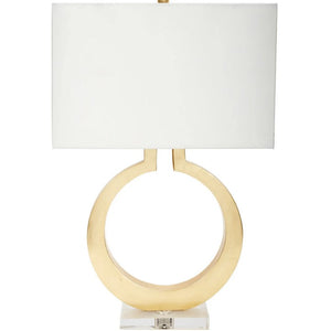 The Equinox Lamp features a circular design, with a hand-applied light gold leaf finish to achieve an elegant appearance. The crystal base adds to the luxurious look.