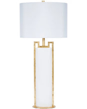 Load image into Gallery viewer, Featuring a glossy white finish and a sophisticated gold leaf accent alluding to Greek key motif, this Ellis Buffet Lamp is the perfect addition to elevate your home decor. With its timeless design, this buffet lamp is sure to impress and stand the test of time.
