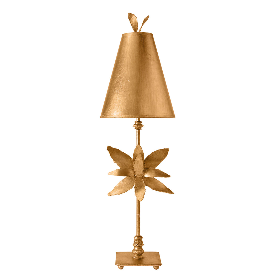 This table lamp is in full bloom in its metallic leafed splendor. Matching finish topped with a matching parchment shade.