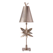 Load image into Gallery viewer, This table lamp is in full bloom in its metallic leafed splendor. Matching finish topped with a matching parchment shade.
