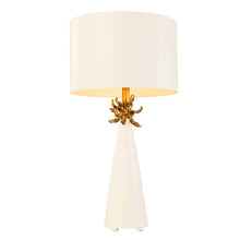 Load image into Gallery viewer, The Anemone Table Lamp features a unique design with its elegant tapered silhouette and distinctive anemone accent. The painted card cylinder shade pairs perfectly to add a touch of elegance to any room.
