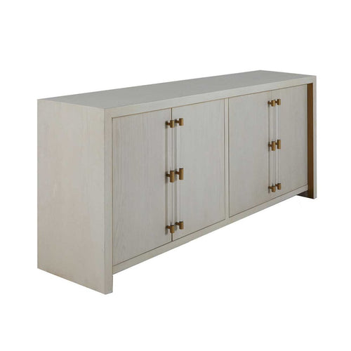 Winford console with a waterfall design, white cerused finish, and acrylic and gold accents.