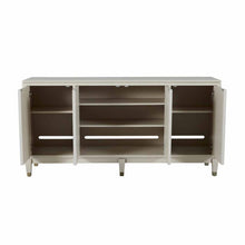 Load image into Gallery viewer, Contemporary ribbed-front cabinet in a white cerused finish with champagne hardware accents.
