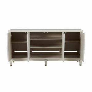 Contemporary ribbed-front cabinet in a white cerused finish with champagne hardware accents.