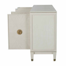 Load image into Gallery viewer, Contemporary ribbed-front cabinet in a white cerused finish with champagne hardware accents.
