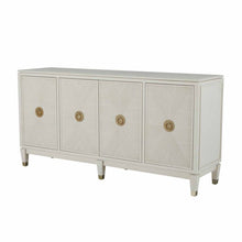 Load image into Gallery viewer, Contemporary ribbed-front cabinet in a white cerused finish with champagne hardware accents.
