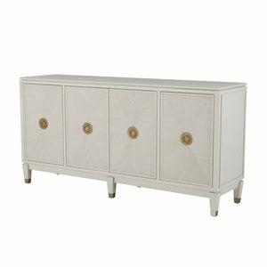 Contemporary ribbed-front cabinet in a white cerused finish with champagne hardware accents.