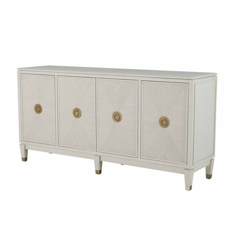 Contemporary ribbed-front cabinet in a white cerused finish with champagne hardware accents.