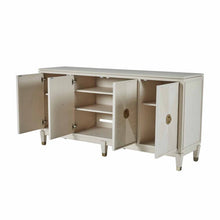 Load image into Gallery viewer, Contemporary ribbed-front cabinet in a white cerused finish with champagne hardware accents.
