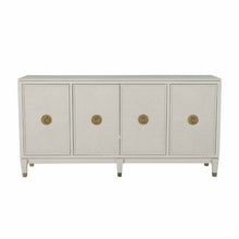 Load image into Gallery viewer, Contemporary ribbed-front cabinet in a white cerused finish with champagne hardware accents.
