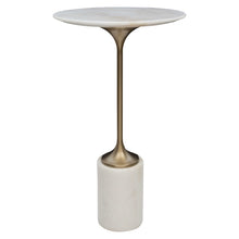 Load image into Gallery viewer, Expertly crafted from honed white marble and a sleek brushed brass metal base, the Trumpet Accent Table showcases the natural beauty of its materials with individual variations in marbling and veining. 
