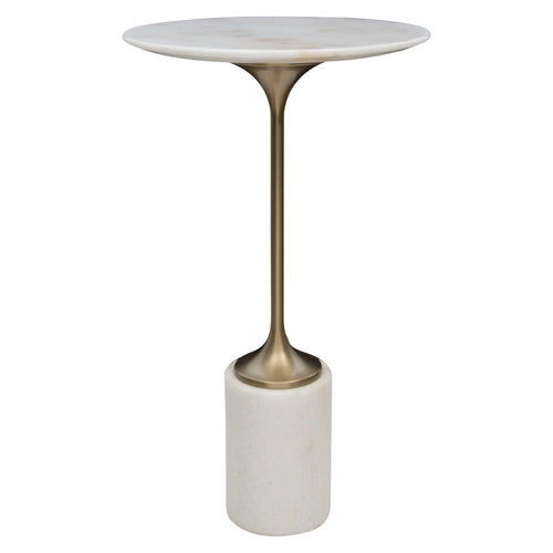 Expertly crafted from honed white marble and a sleek brushed brass metal base, the Trumpet Accent Table showcases the natural beauty of its materials with individual variations in marbling and veining. 