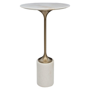 Expertly crafted from honed white marble and a sleek brushed brass metal base, the Trumpet Accent Table showcases the natural beauty of its materials with individual variations in marbling and veining. 