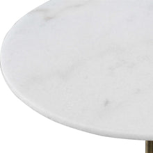 Load image into Gallery viewer, Expertly crafted from honed white marble and a sleek brushed brass metal base, the Trumpet Accent Table showcases the natural beauty of its materials with individual variations in marbling and veining. 
