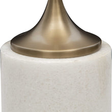 Load image into Gallery viewer, Expertly crafted from honed white marble and a sleek brushed brass metal base, the Trumpet Accent Table showcases the natural beauty of its materials with individual variations in marbling and veining. 

